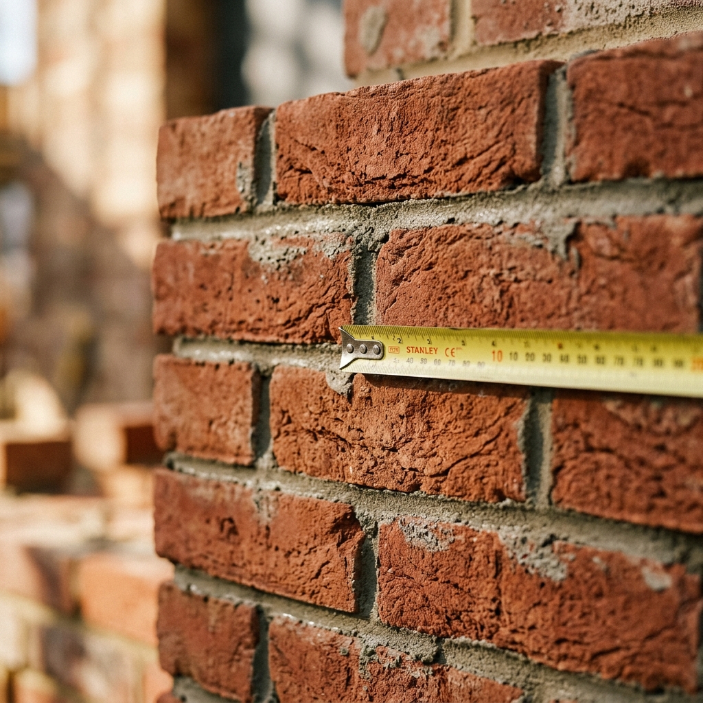 Close-up of red brick wall with measurement tape