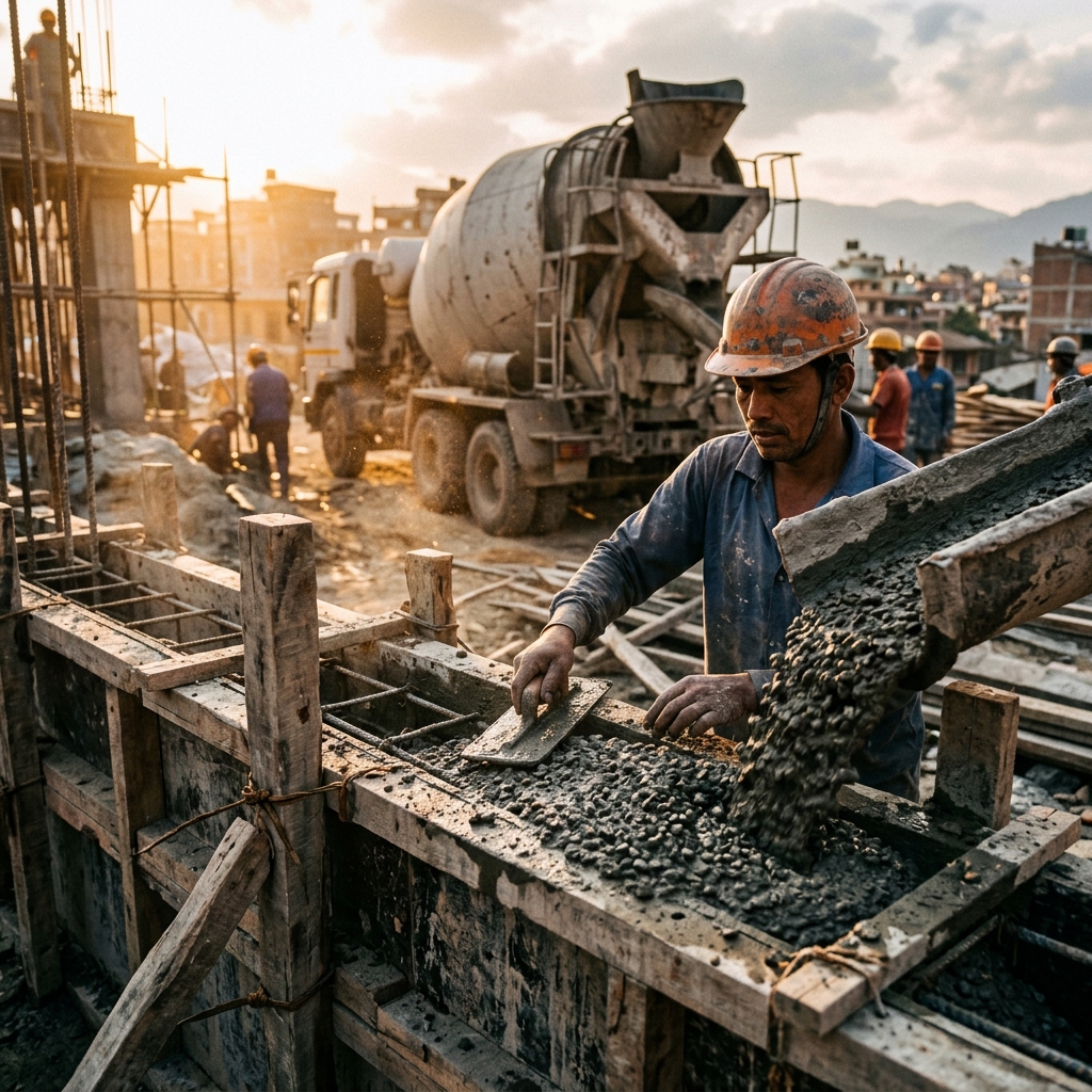 Construction worker pouring fresh concrete with a cement mixer in the background