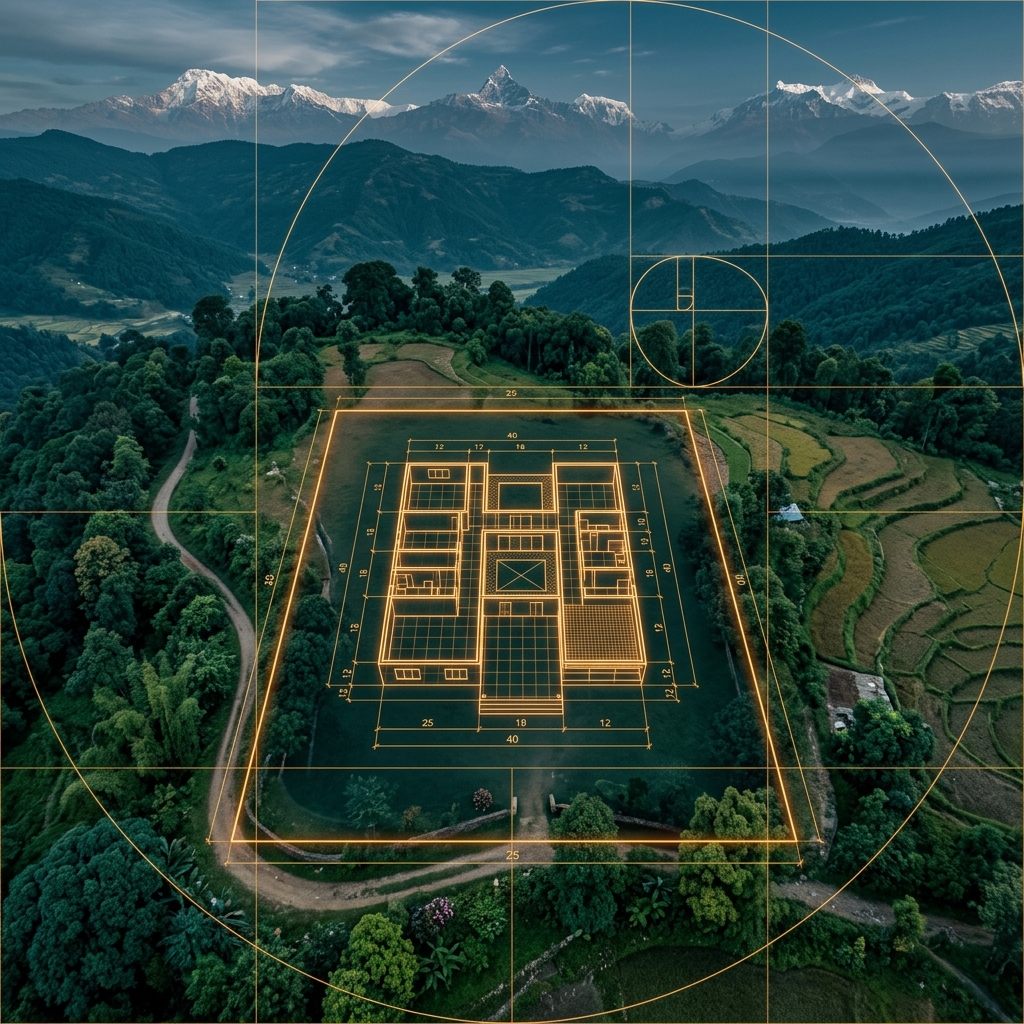 Aerial view of a land plot with glowing house footprint overlay and Nepal mountains