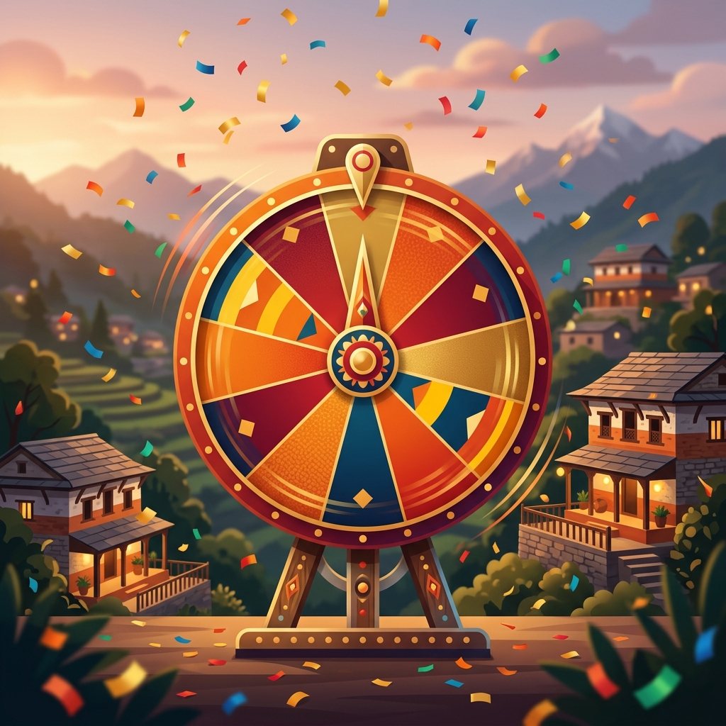 Colorful spinning prize wheel with Nepali homes in the background