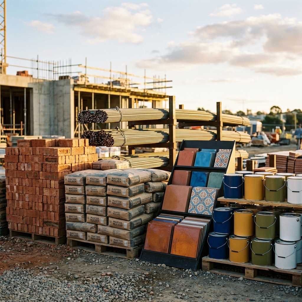 Organised collection of construction materials: bricks, cement bags, rebar, tiles, paint
