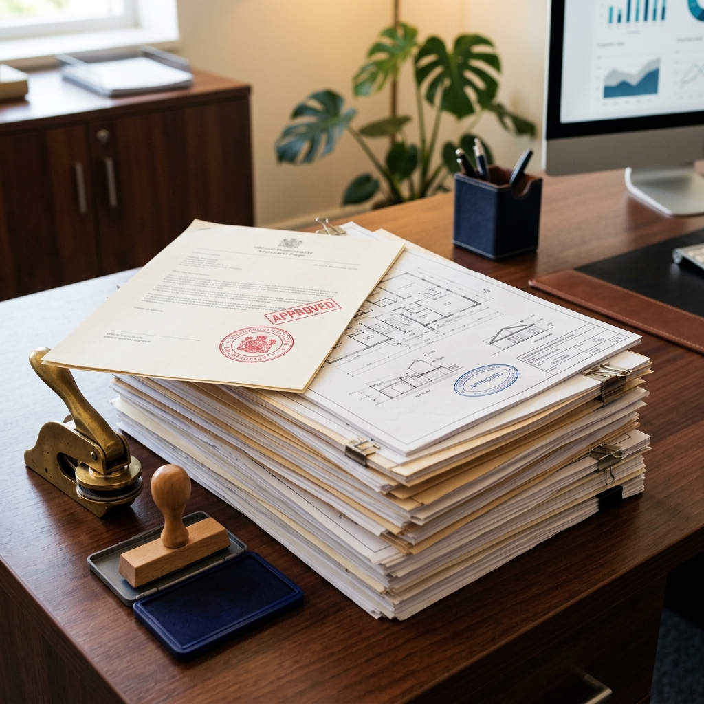 Stack of government approval documents with official stamp on a desk