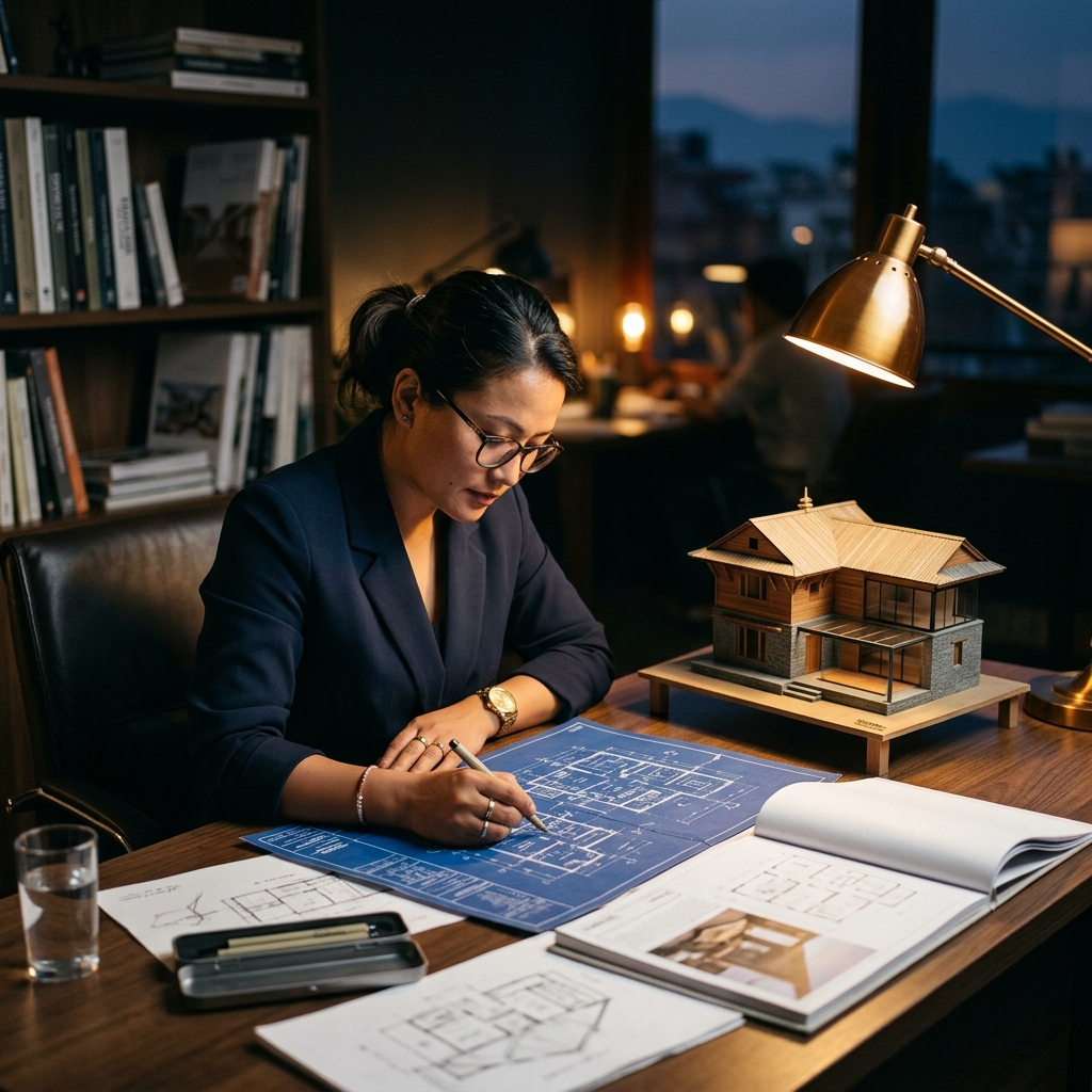 Architect reviewing blueprint floor plans with a Nepali home model