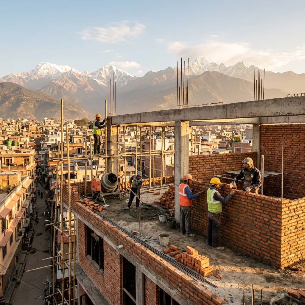 Construction workers building a rooftop terrace room with Nepal mountain skyline
