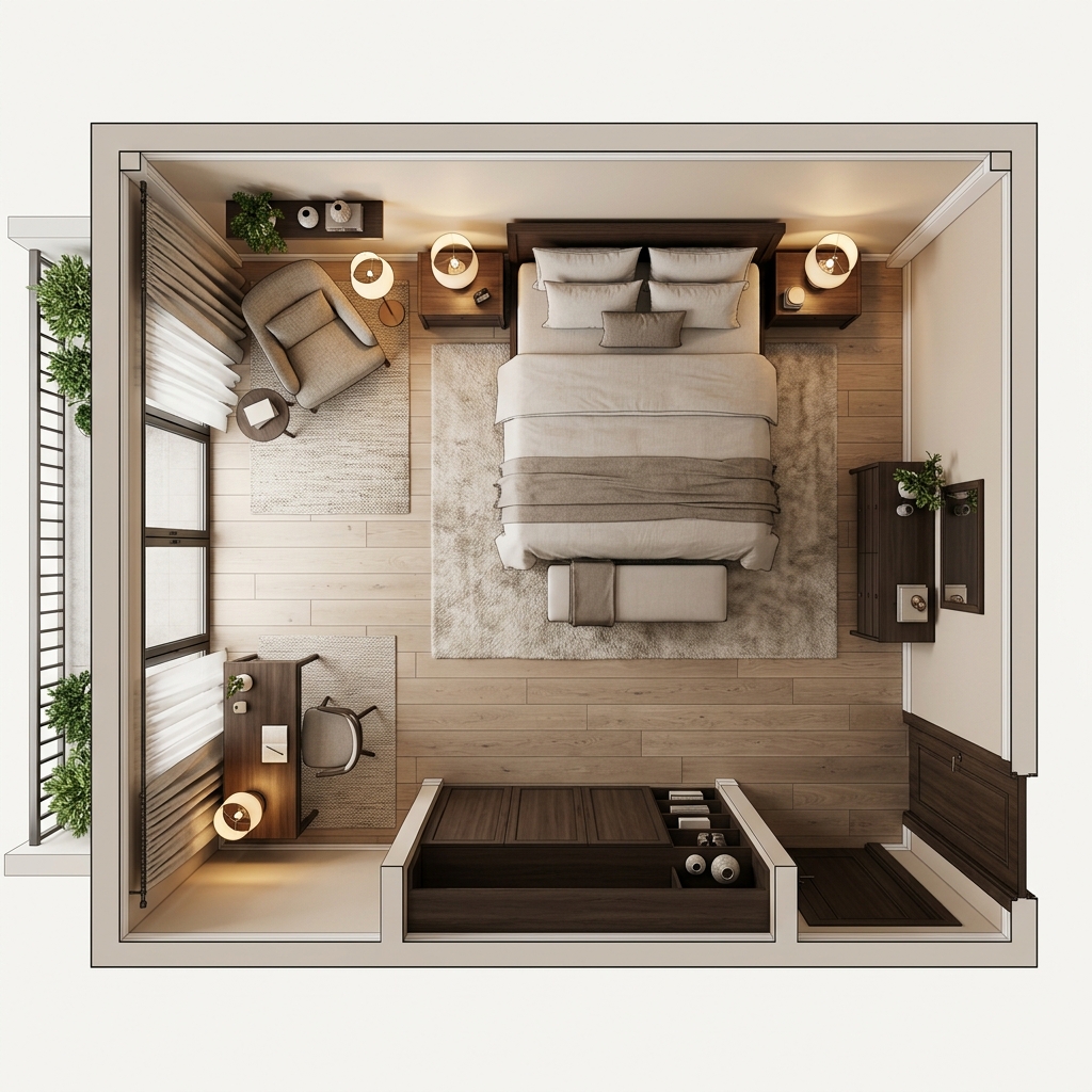 Top-down 3D view of a modern bedroom with furniture layout and dimensions