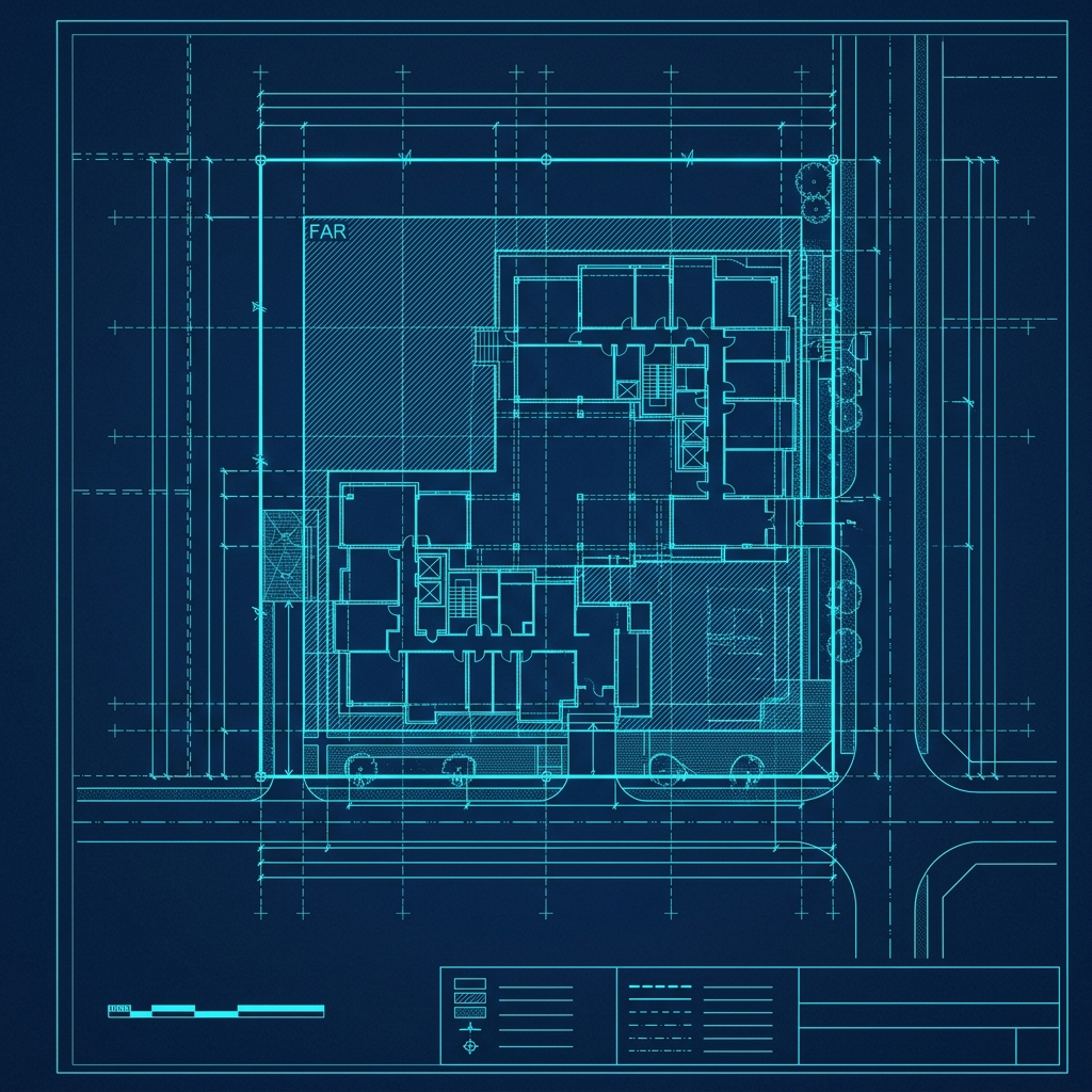 Blueprint technical drawing with building setback and FAR annotations