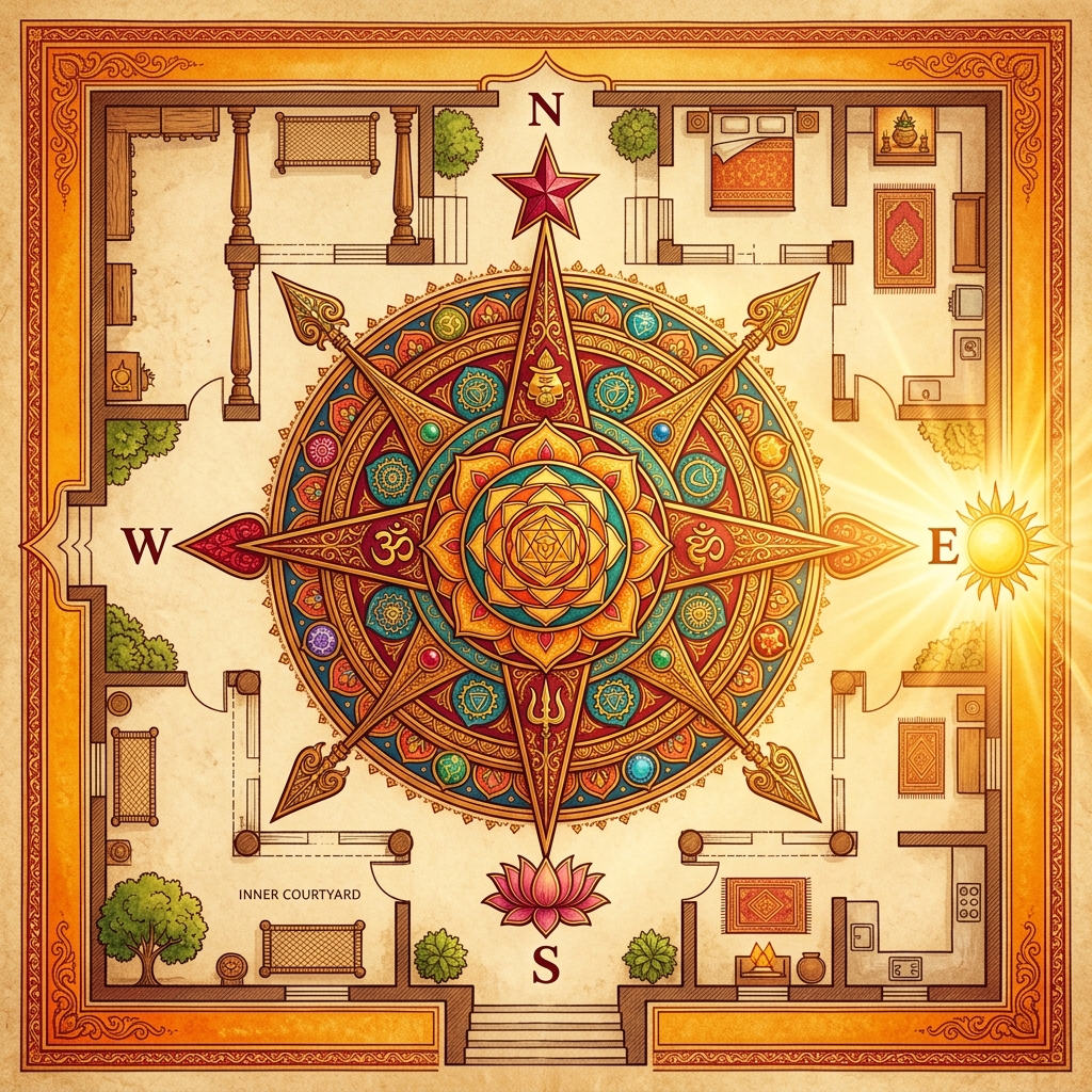 Ornate Vastu compass rose overlaid on a traditional home floor plan with golden sunrise